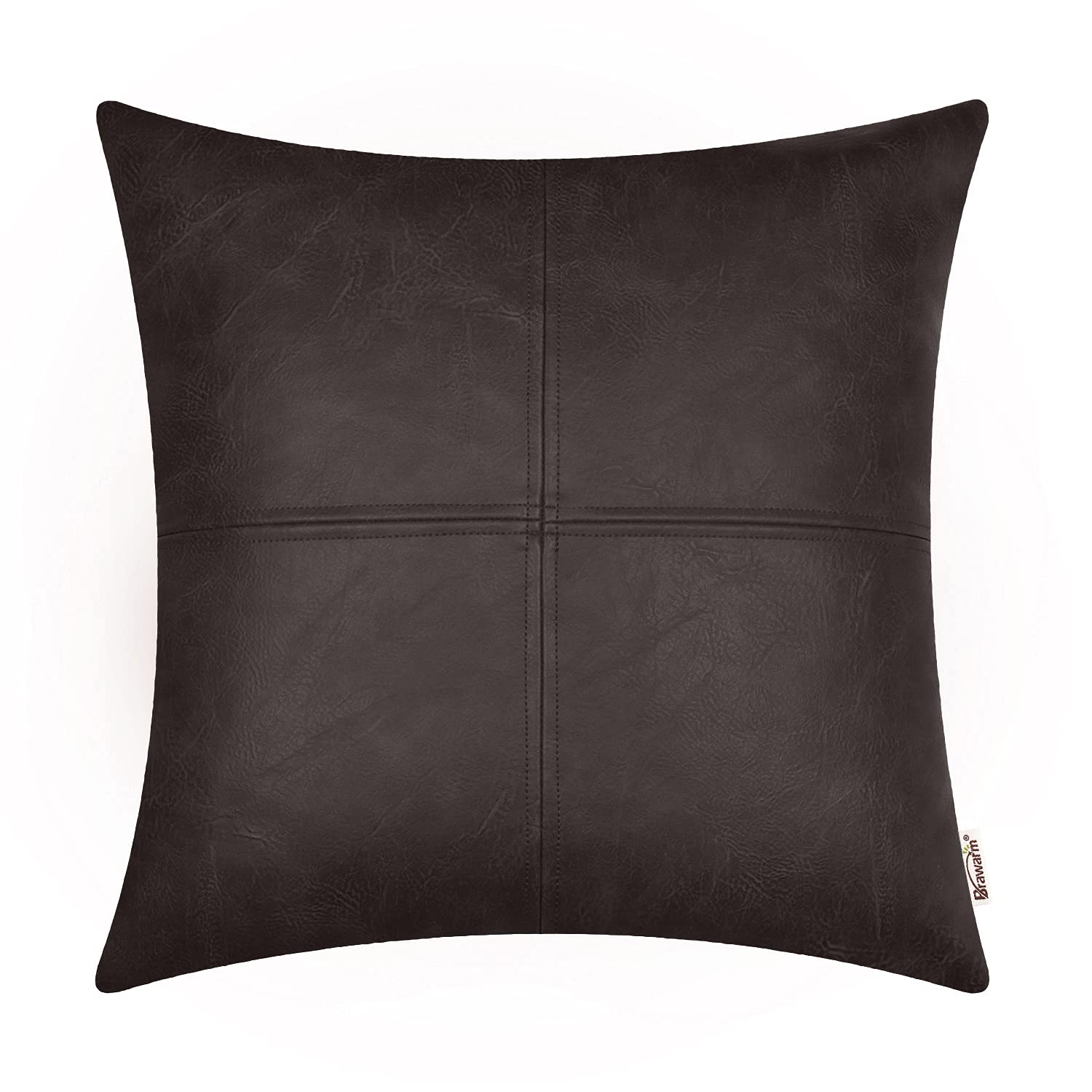 Brawarm Faux Leather Throw Pillow Covers 16 X 16 Inches, Coffee Leather Pillow Cover, Hand Stitched Leather Decorative Pillow Co